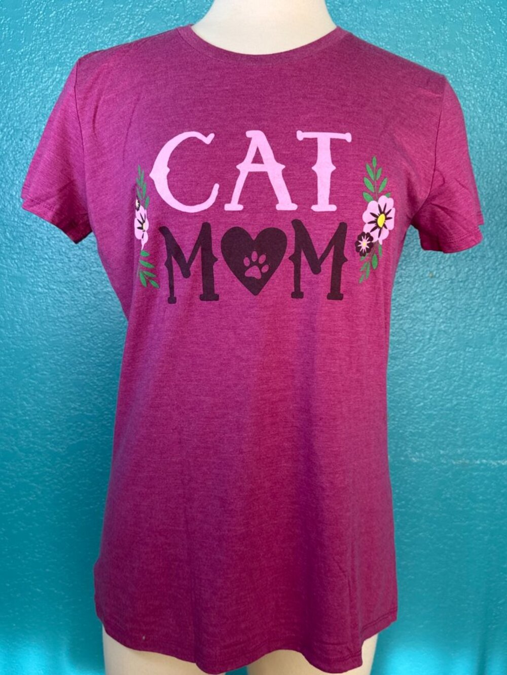 CAT MOM GOEX Womens Tee Shirt Top Sz L XL Pink Floral Short Sleeve T-shirt